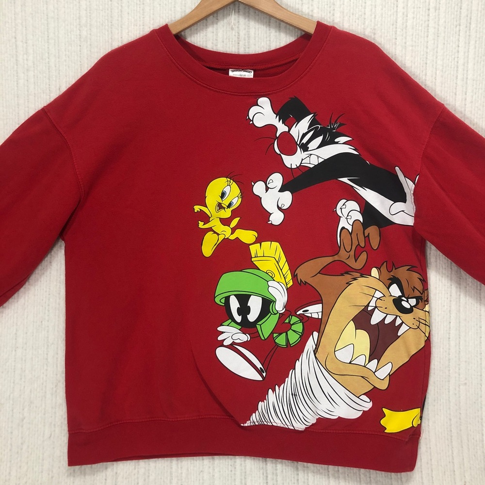Looney Tunes Graphic Sweatshirt Red Bugs Bunny Sylvester Taz Marvin XL 15-17
